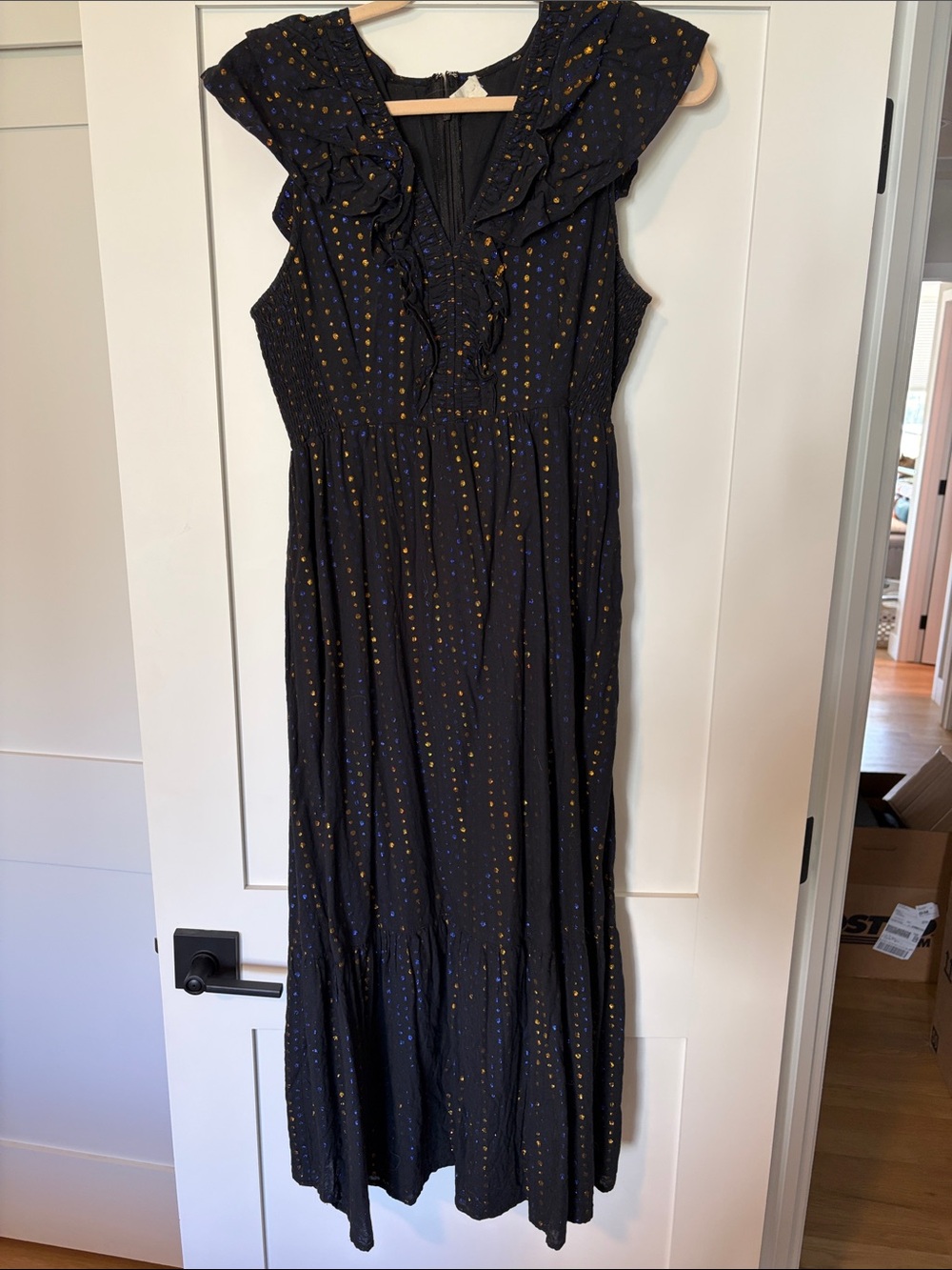Roller Rabbit Maxi Dress with Gold and Blue Dot Print (w.pockets!)